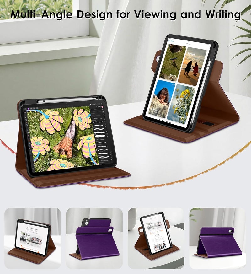 DTTO for iPad A16 Case, iPad 11th / 10th Generation Case (2025/2022), 360 Degree Rotating Premium Leather Folio Stand Cover with Pencil Holder, Dark Purple - Image 2